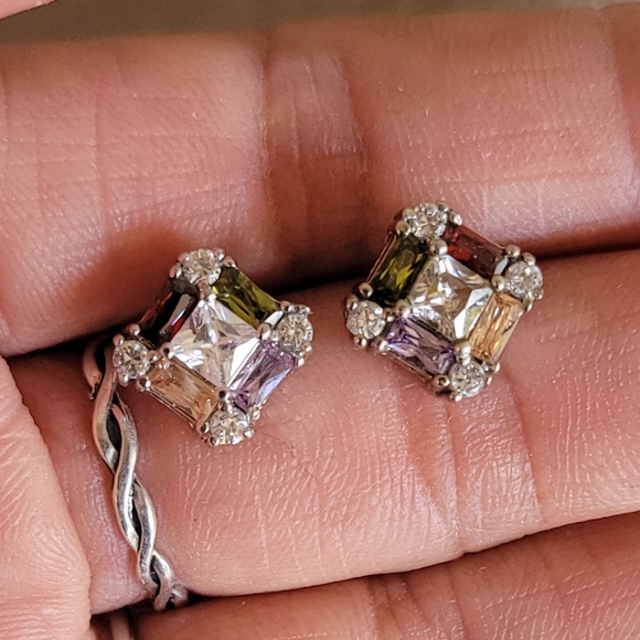 Stunning sparkling multi colored topaz 925 sterling silver diamond earrings - Picture 10 of 15